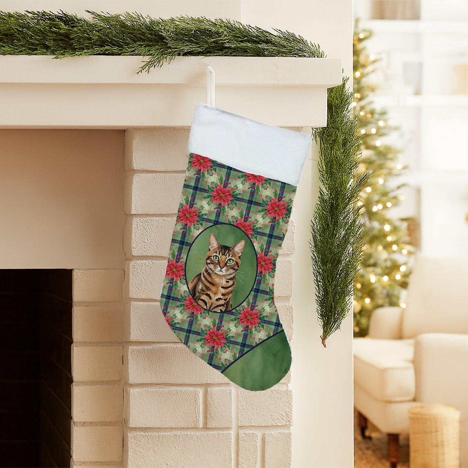 Caroline's Treasures Spotted Tabby Brown Cat with Poinsettias Holiday Stocking