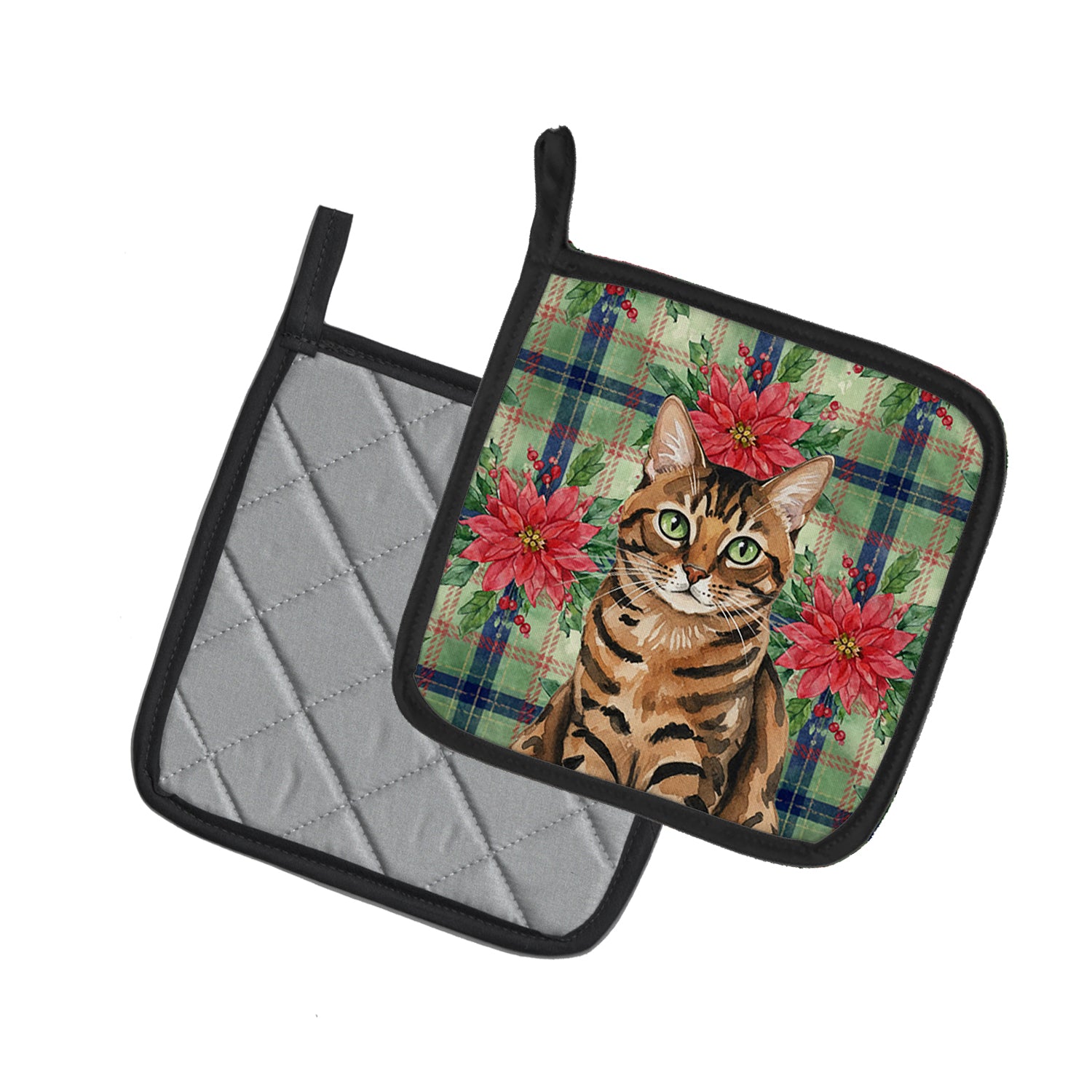 Caroline's Treasures Spotted Tabby Brown Cat with Poinsettias Pair of Pot Holders