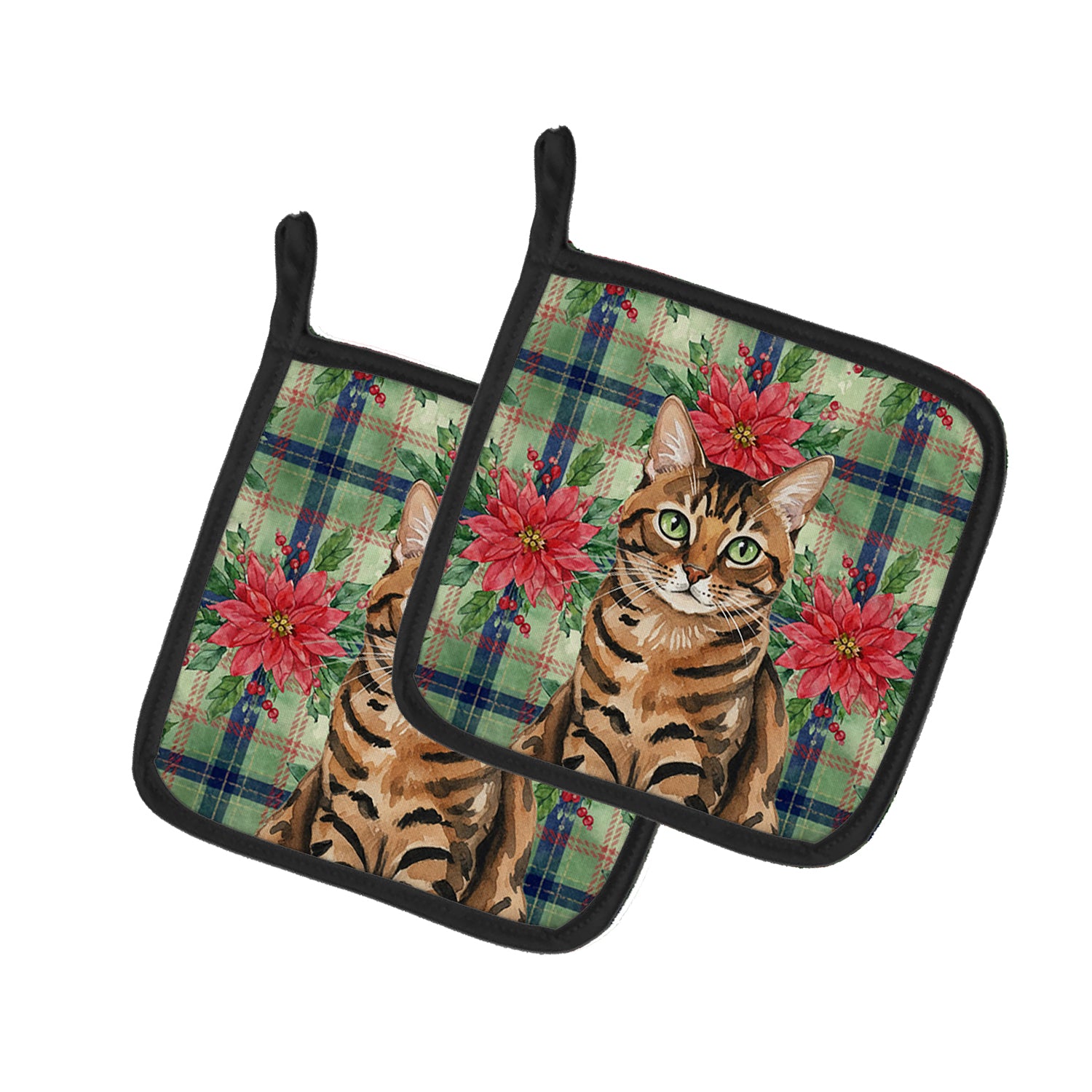 Caroline's Treasures Spotted Tabby Brown Cat with Poinsettias Pair of Pot Holders