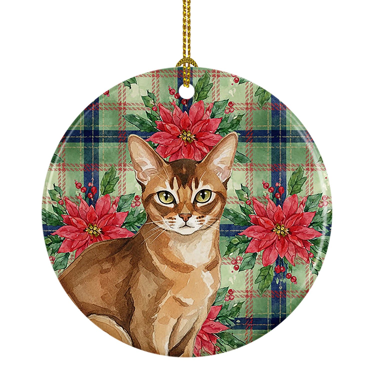Caroline's Treasures Ticked Tabby Brown Cat with Poinsettias Ceramic Ornament