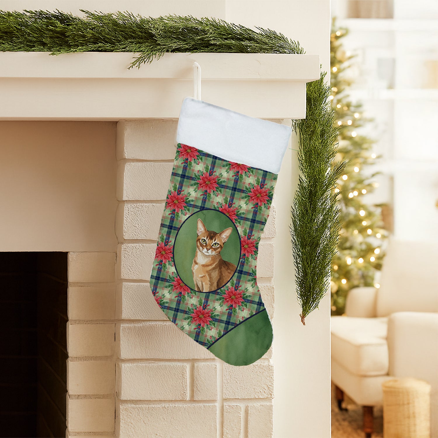Caroline's Treasures Ticked Tabby Brown Cat with Poinsettias Holiday Stocking