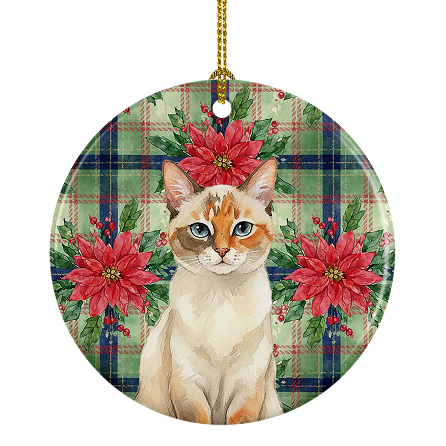Caroline's Treasures Tortie Point Cat with Poinsettias Ceramic Ornament