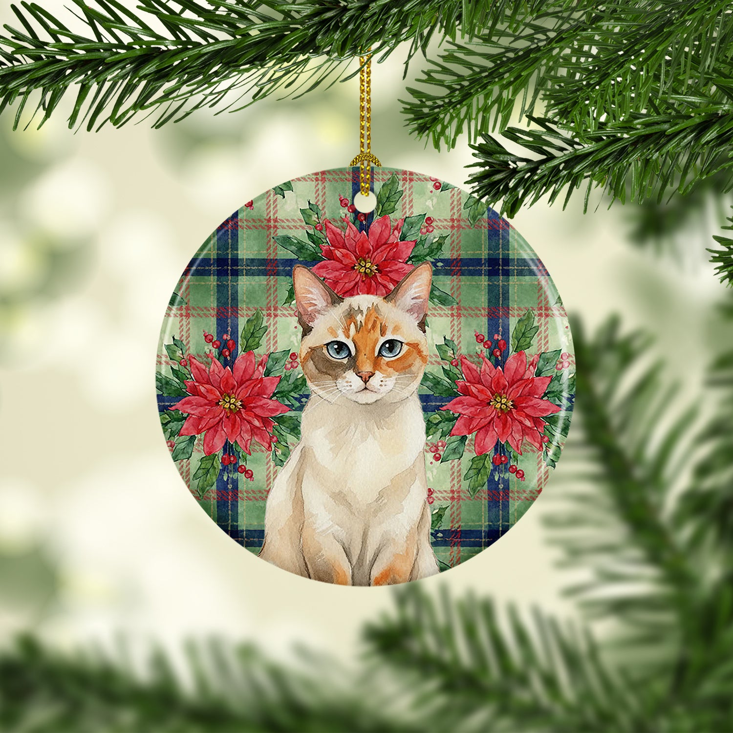 Caroline's Treasures Tortie Point Cat with Poinsettias Ceramic Ornament