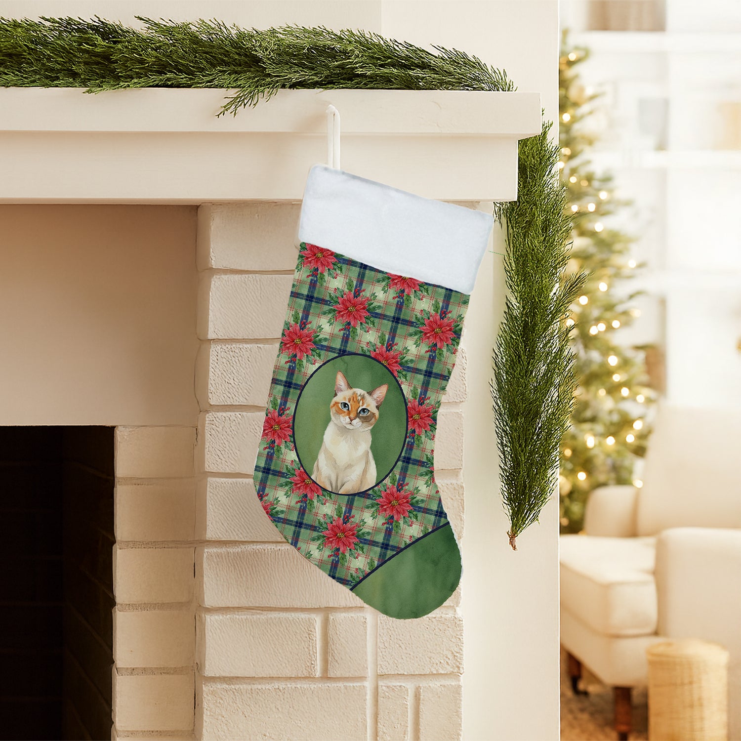 Caroline's Treasures Tortie Point Cat with Poinsettias Holiday Stocking