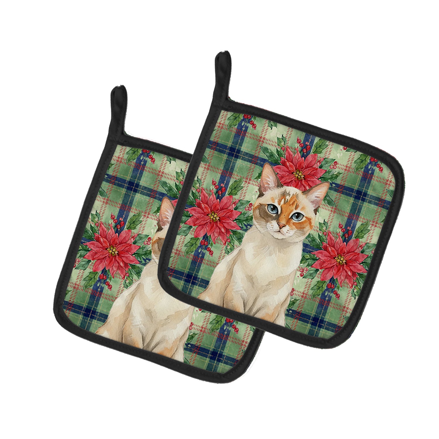 Caroline's Treasures Tortie Point Cat with Poinsettias Pair of Pot Holders