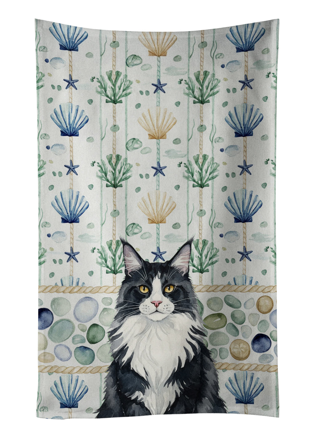 Caroline's Treasures MaineCoon Black and White Cat Coastal Sea Glass Kitchen Towel