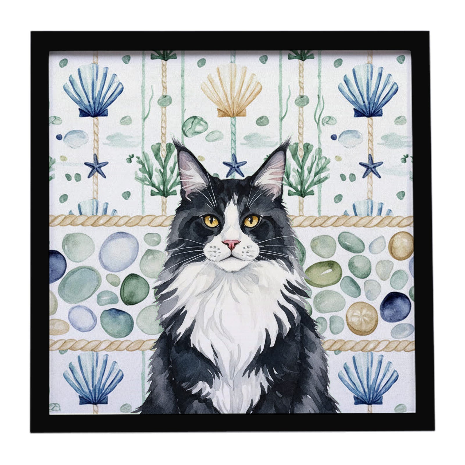 Caroline's Treasures MaineCoon Black and White Cat Coastal Sea Glass Framed Metal Print
