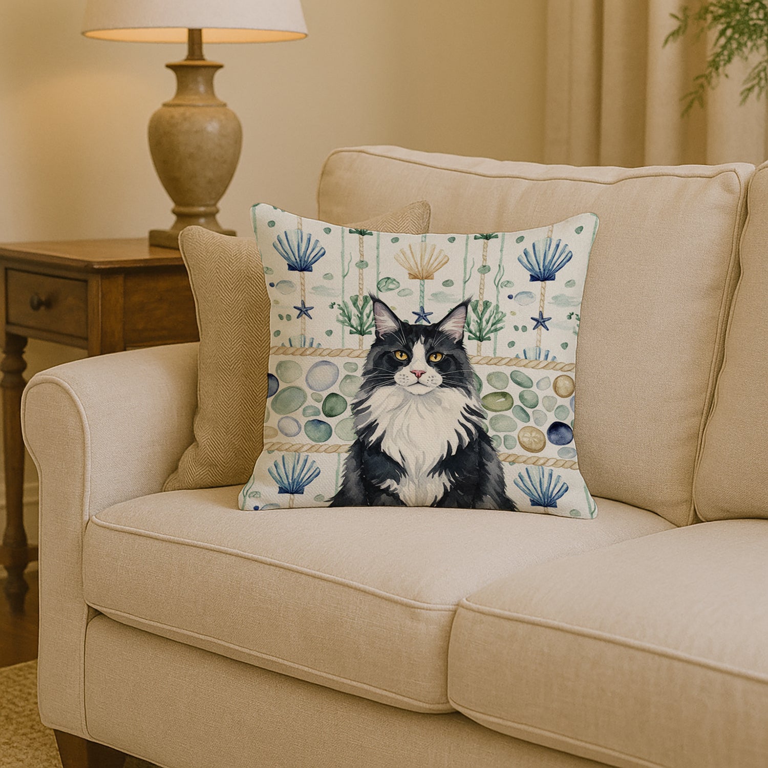 Caroline's Treasures MaineCoon Black and White Cat Coastal Sea Glass Throw Pillow