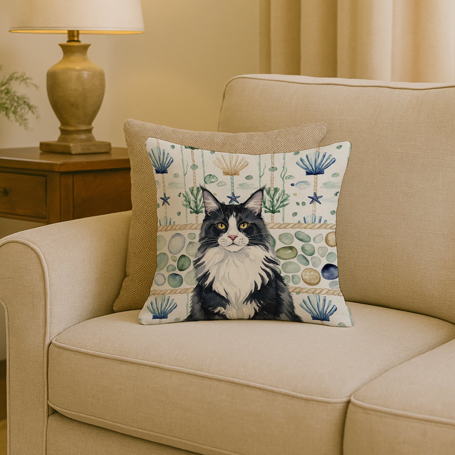 Caroline's Treasures MaineCoon Black and White Cat Coastal Sea Glass Throw Pillow