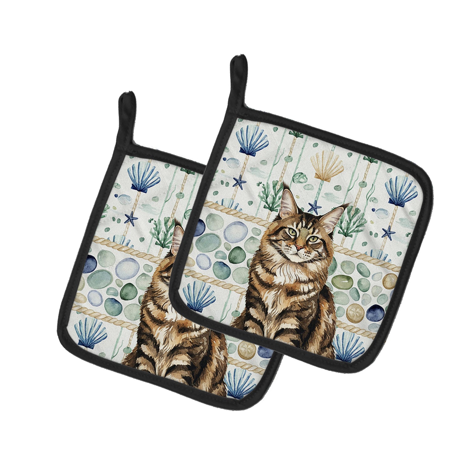 Caroline's Treasures MaineCoon Brown Tabby Cat Coastal Sea Glass Pair of Pot Holders