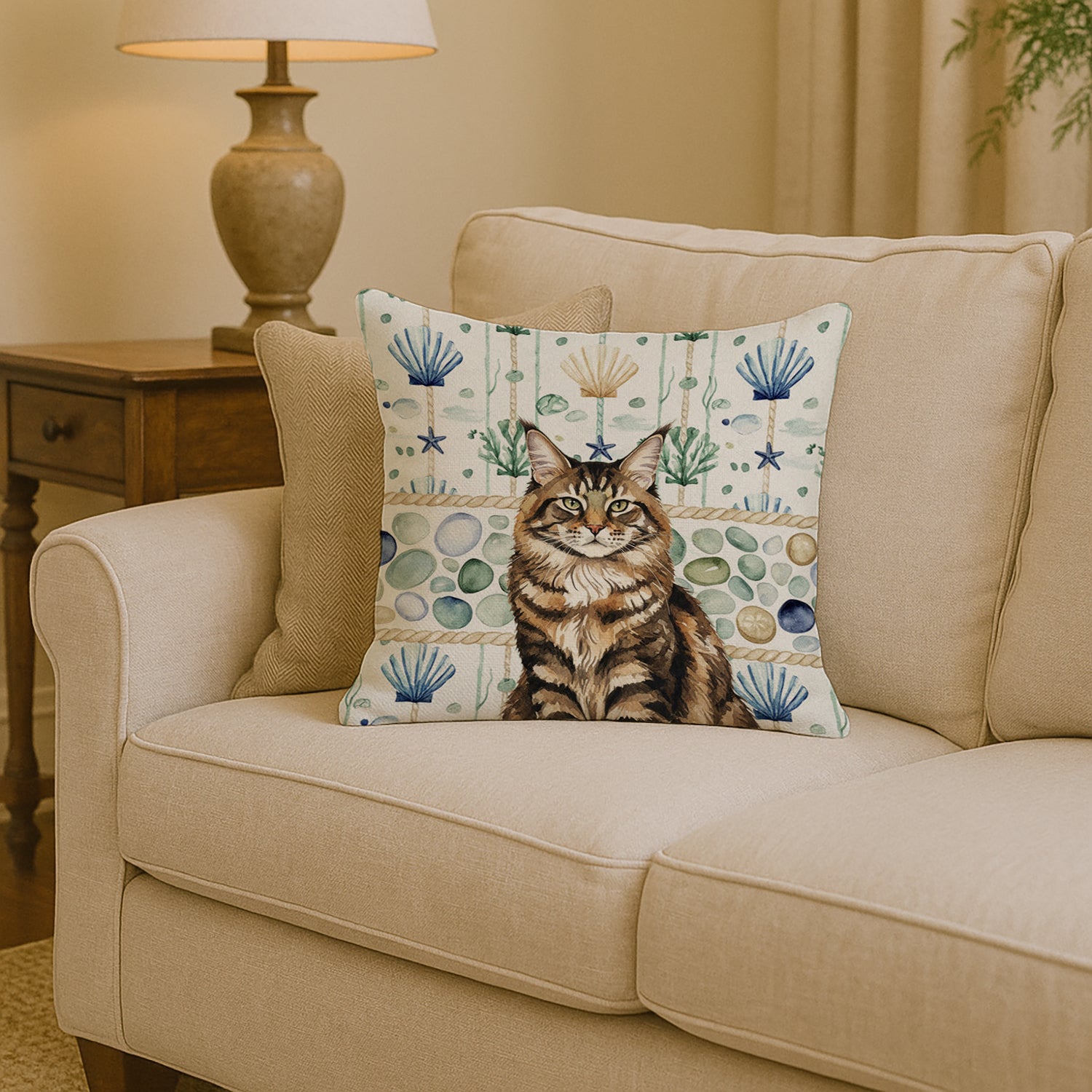 Caroline's Treasures MaineCoon Brown Tabby Cat Coastal Sea Glass Throw Pillow