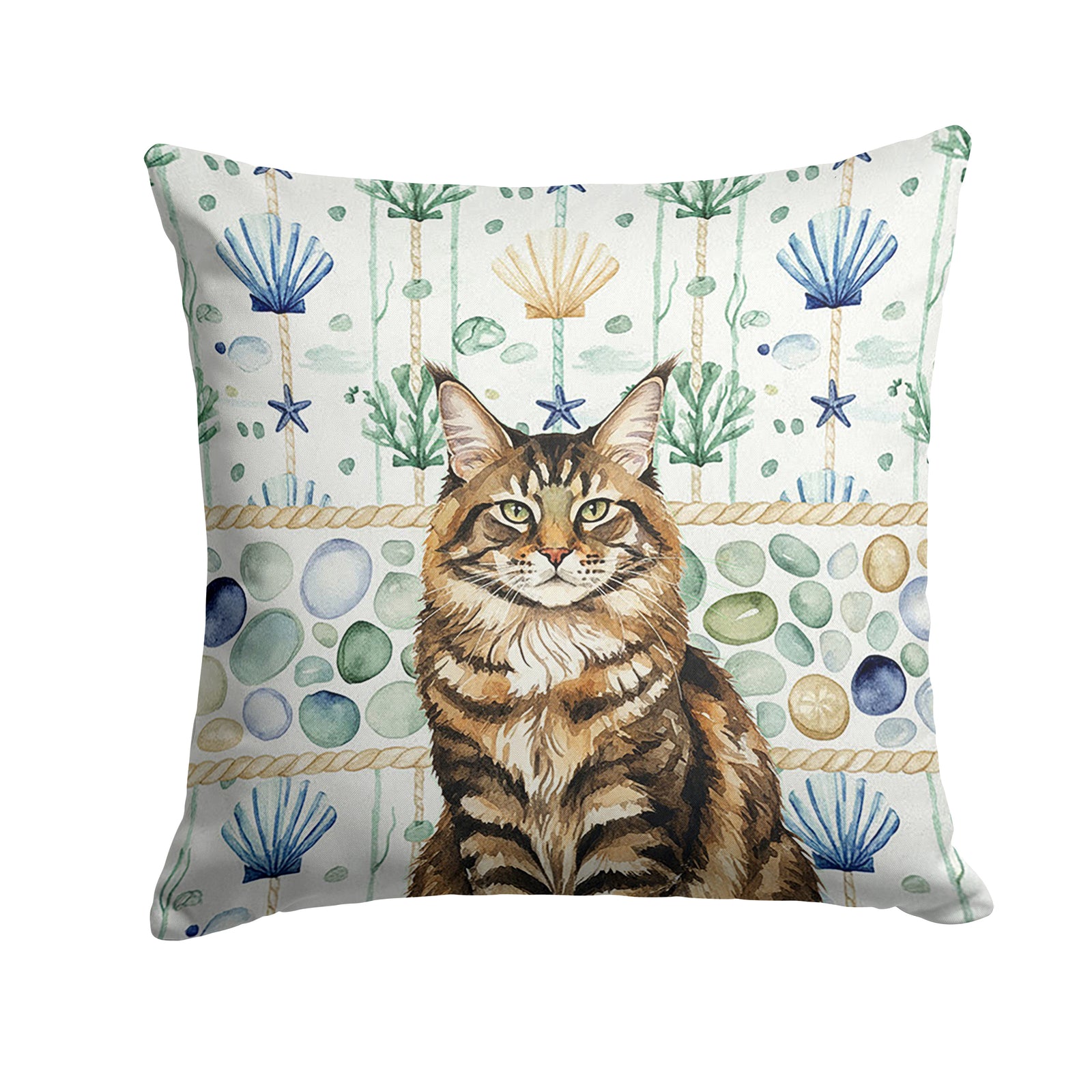 Caroline's Treasures MaineCoon Brown Tabby Cat Coastal Sea Glass Throw Pillow