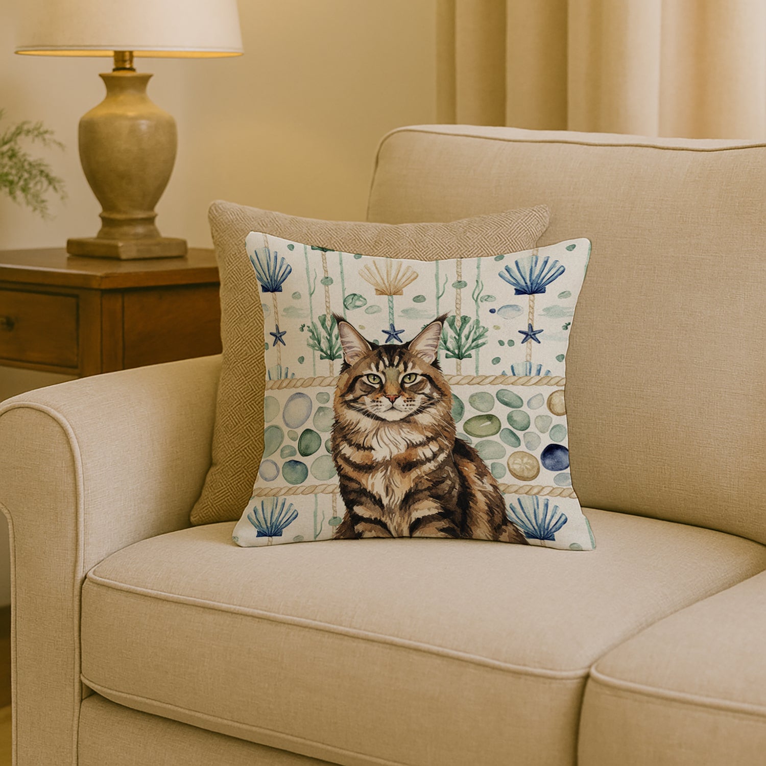 Caroline's Treasures MaineCoon Brown Tabby Cat Coastal Sea Glass Throw Pillow