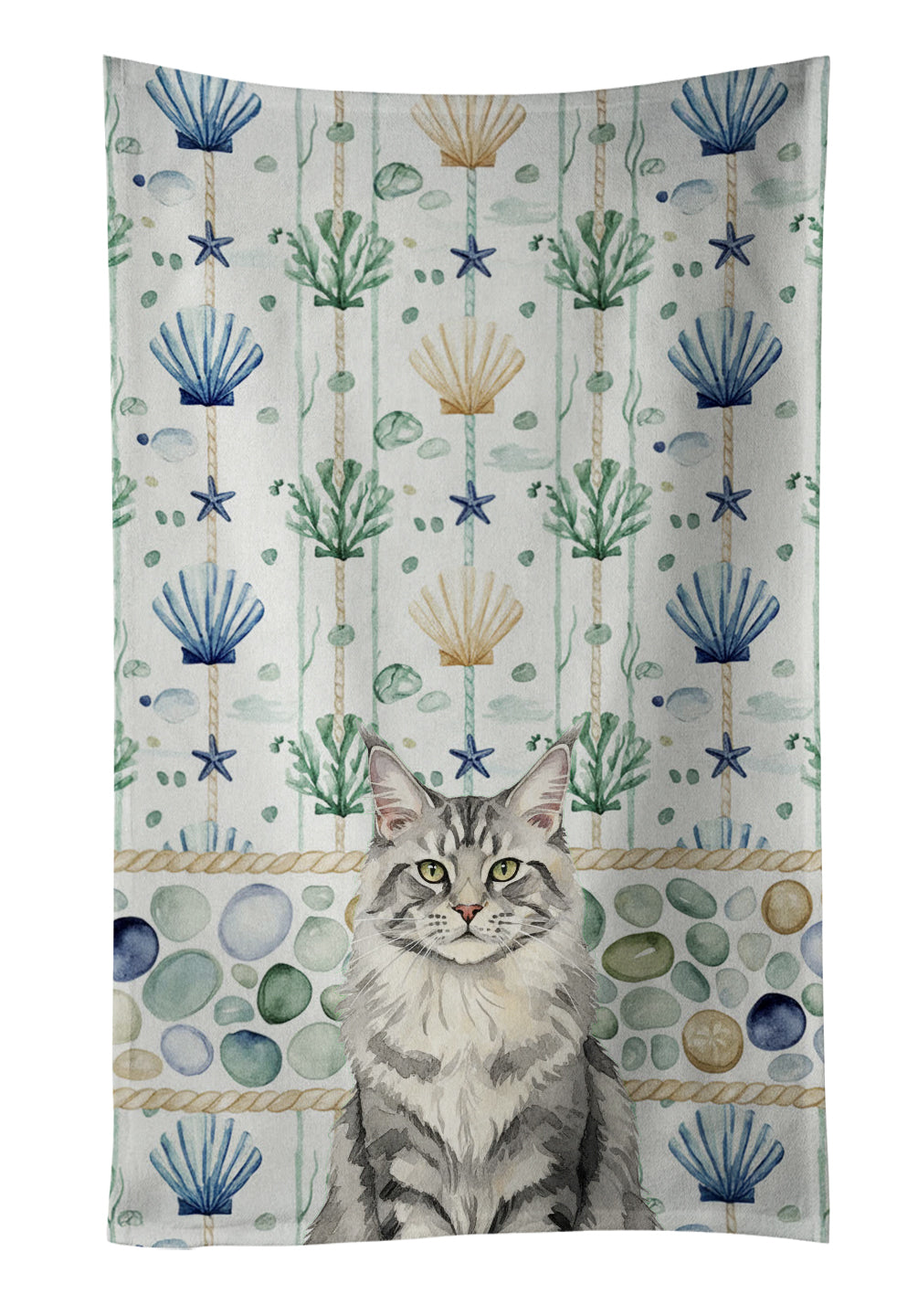 Caroline's Treasures MaineCoon Silver Tabby Cat Coastal Sea Glass Kitchen Towel
