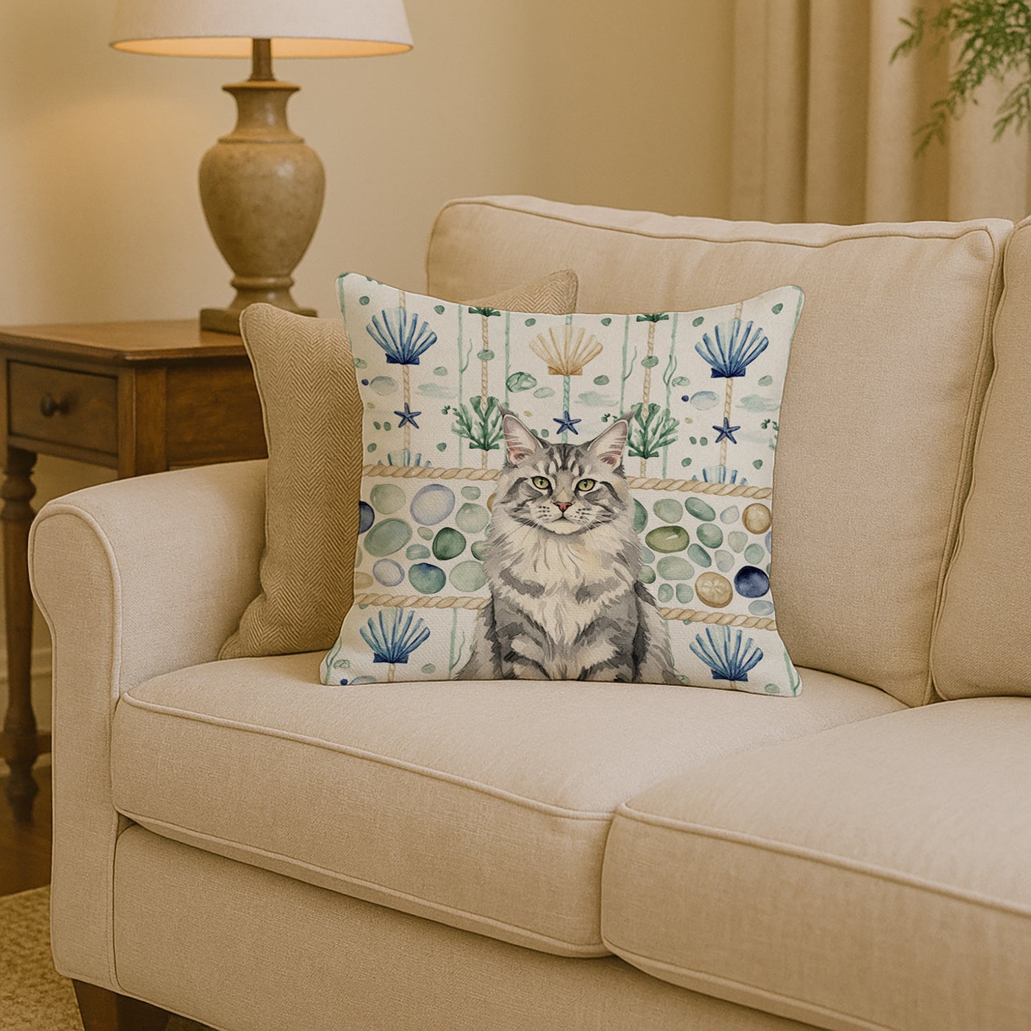 Caroline's Treasures MaineCoon Silver Tabby Cat Coastal Sea Glass Throw Pillow