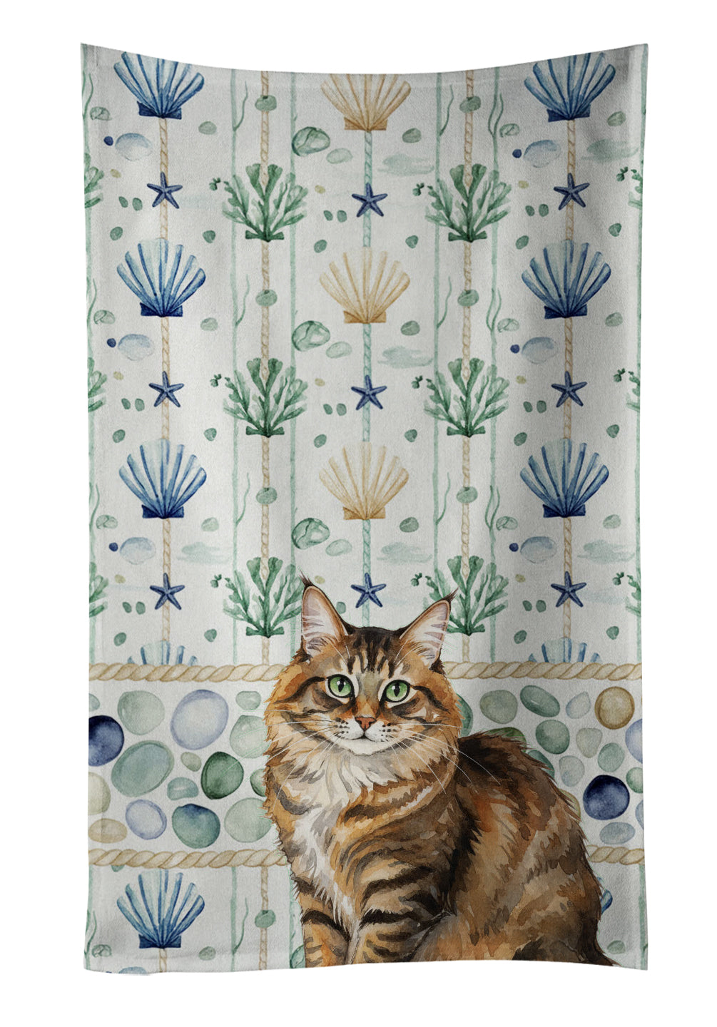 Caroline's Treasures Norwegian Forest Cat Brown Tabby Cat Coastal Sea Glass Kitchen Towel
