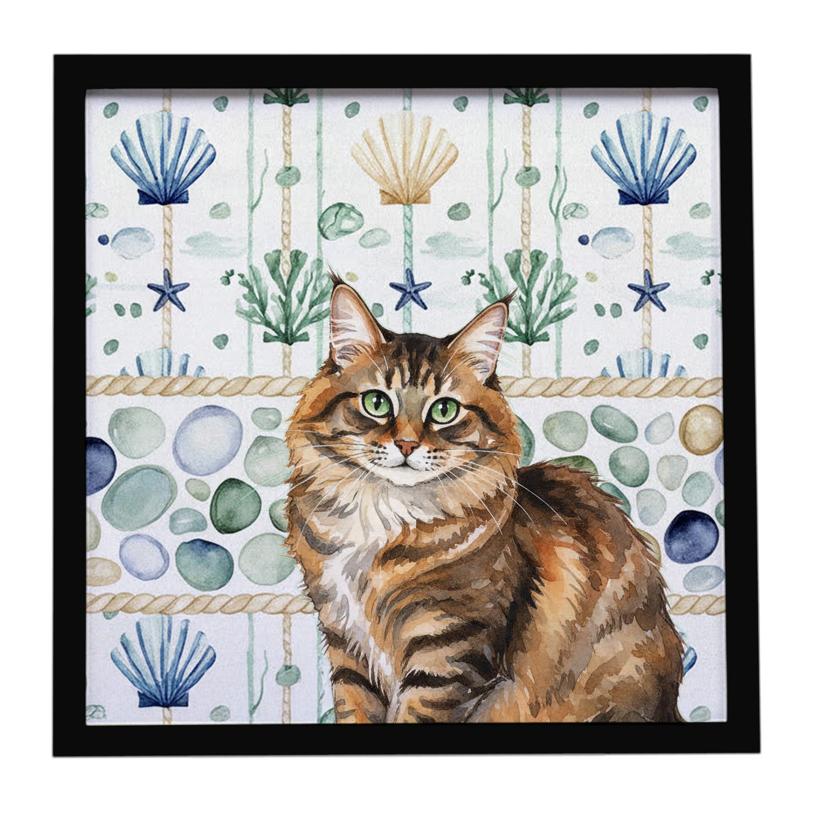 Caroline's Treasures Norwegian Forest Cat Brown Tabby Cat Coastal Sea Glass Framed Metal Print
