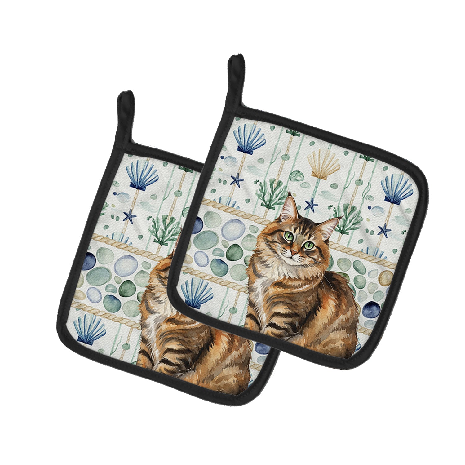 Caroline's Treasures Norwegian Forest Cat Brown Tabby Cat Coastal Sea Glass Pair of Pot Holders