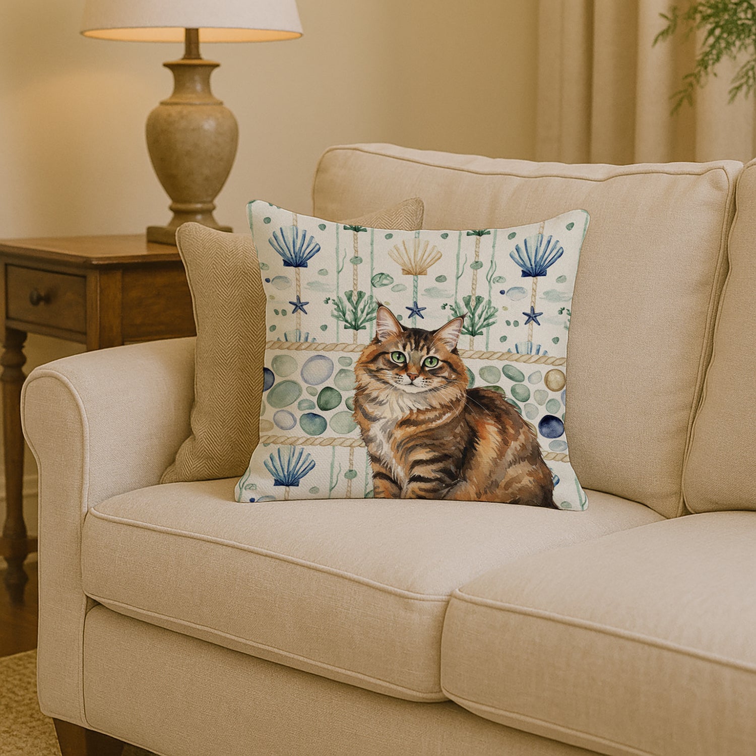 Caroline's Treasures Norwegian Forest Cat Brown Tabby Cat Coastal Sea Glass Throw Pillow