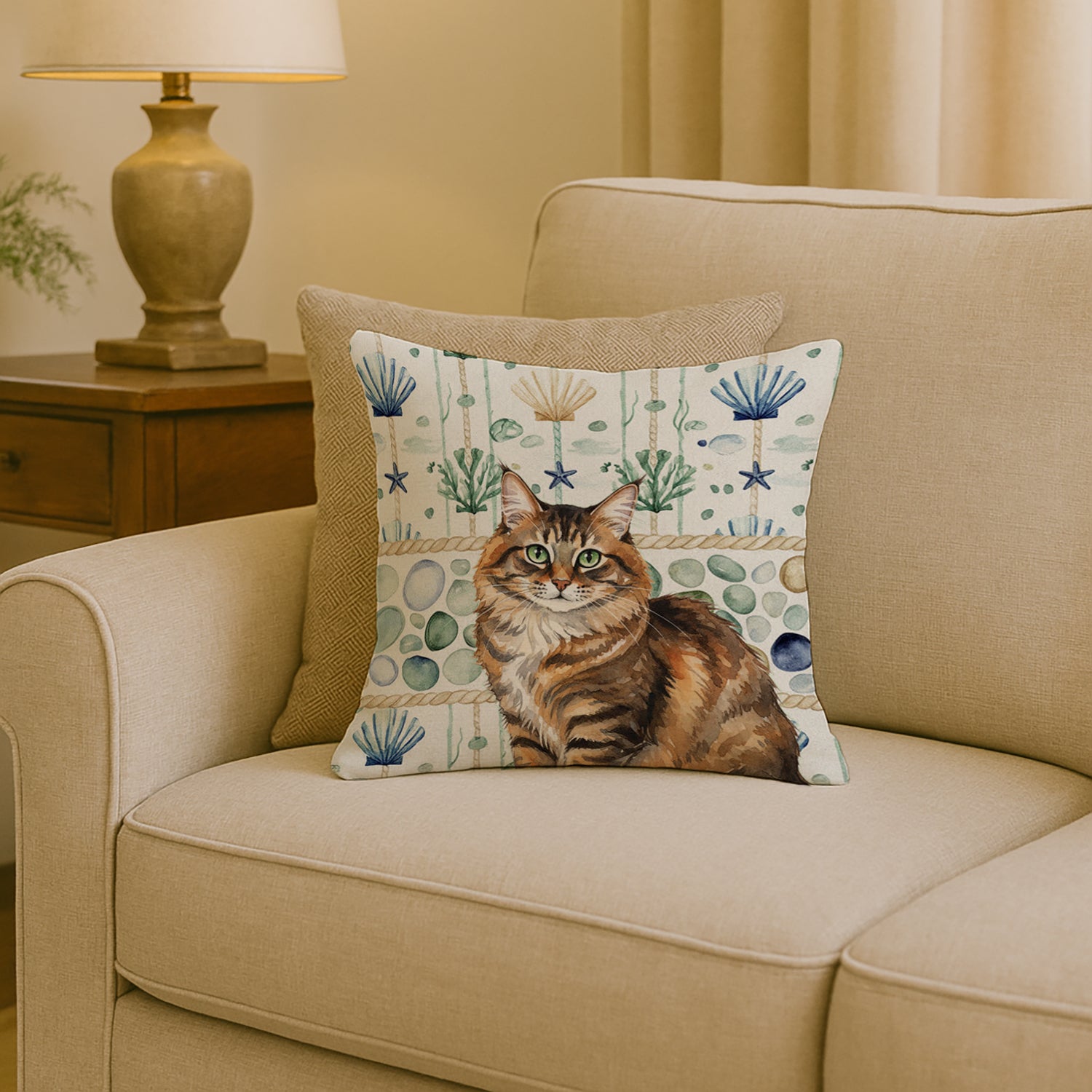 Caroline's Treasures Norwegian Forest Cat Brown Tabby Cat Coastal Sea Glass Throw Pillow