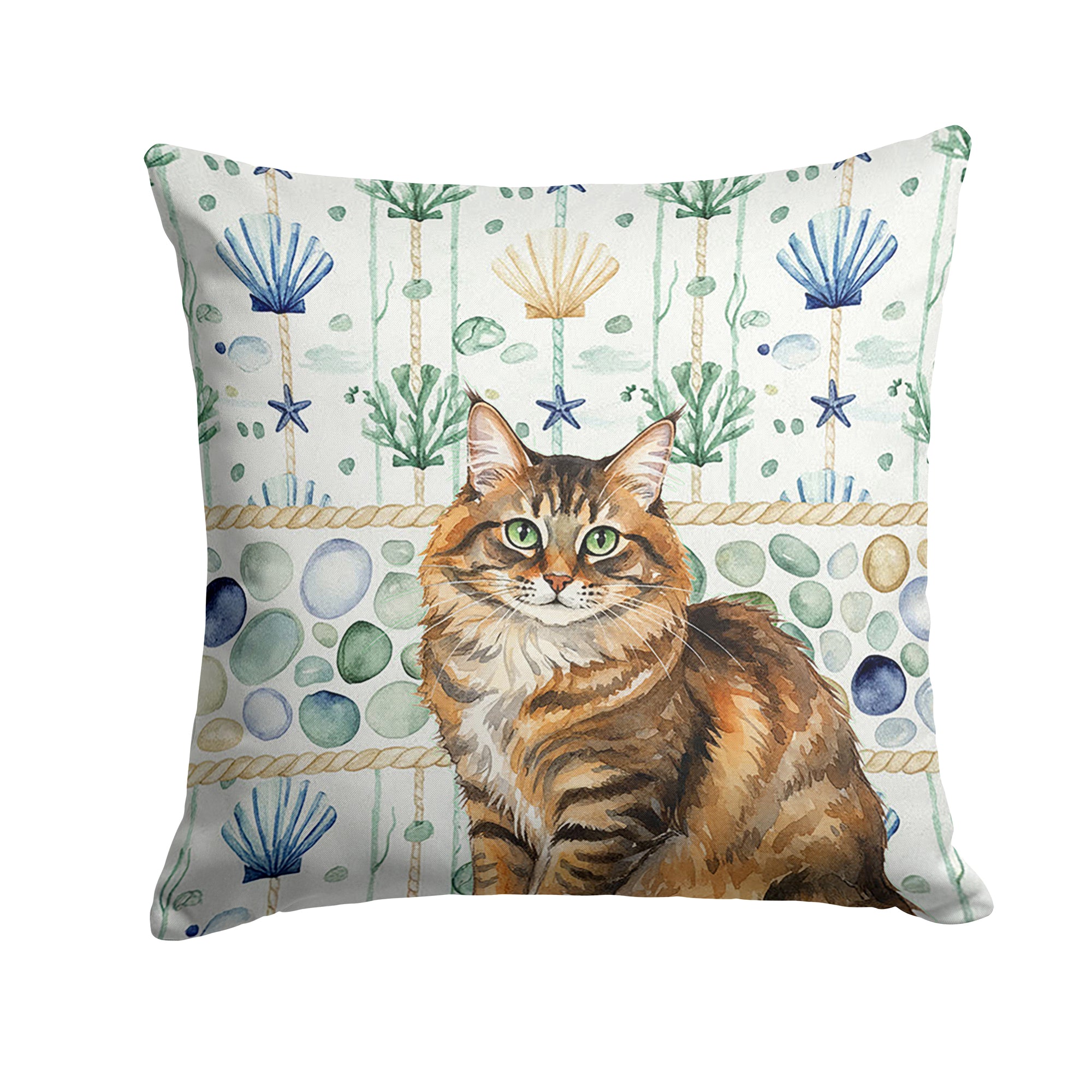 Caroline's Treasures Norwegian Forest Cat Brown Tabby Cat Coastal Sea Glass Throw Pillow