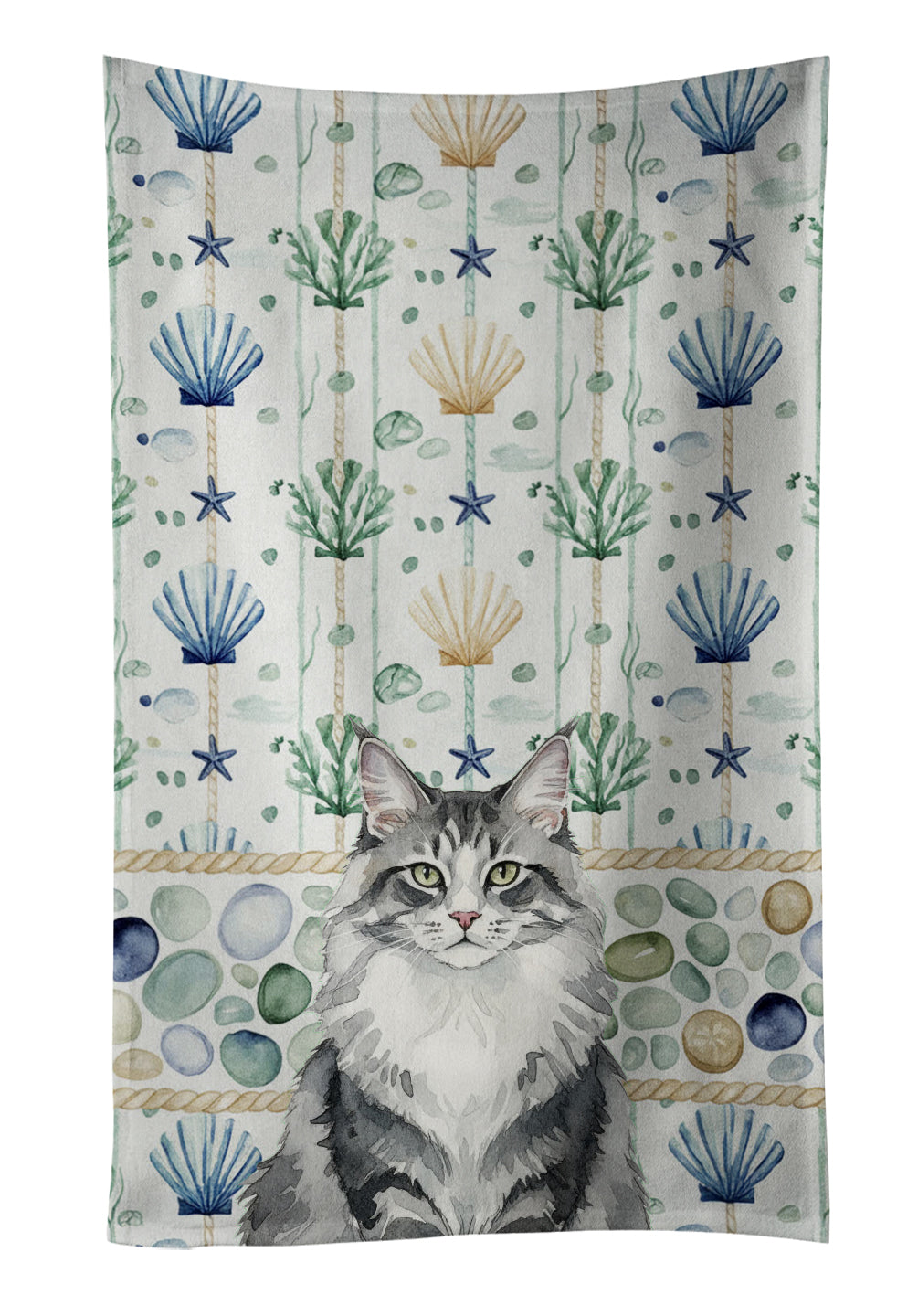 Caroline's Treasures Norwegian Forest Cat Gray and White Cat Coastal Sea Glass Kitchen Towel