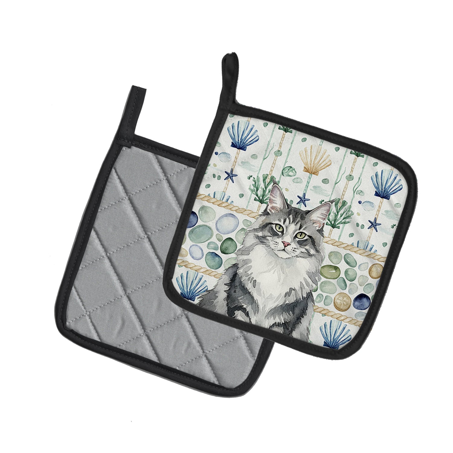 Caroline's Treasures Norwegian Forest Cat Gray and White Cat Coastal Sea Glass Pair of Pot Holders