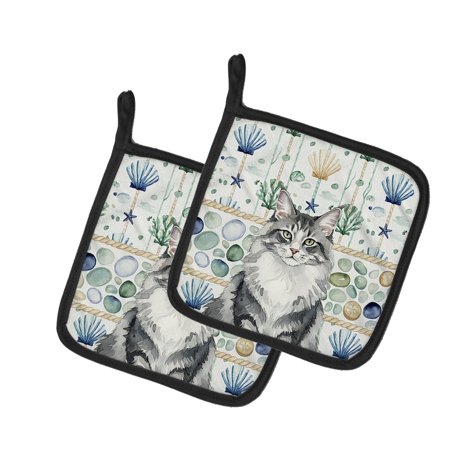 Caroline's Treasures Norwegian Forest Cat Gray and White Cat Coastal Sea Glass Pair of Pot Holders