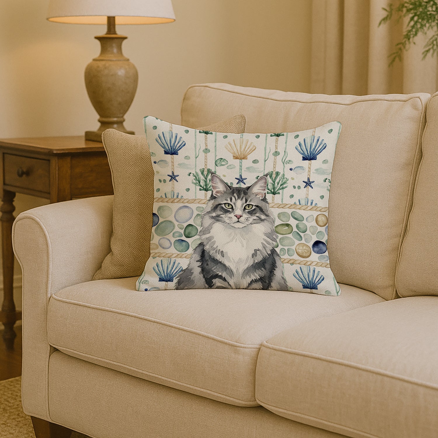 Caroline's Treasures Norwegian Forest Cat Gray and White Cat Coastal Sea Glass Throw Pillow