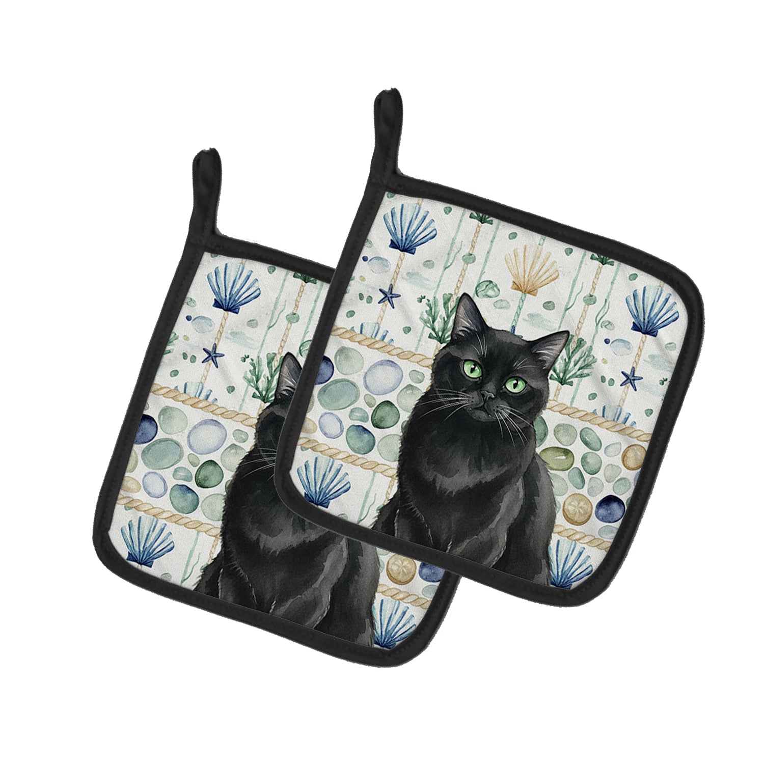 Caroline's Treasures Persian Black Cat Coastal Sea Glass Pair of Pot Holders