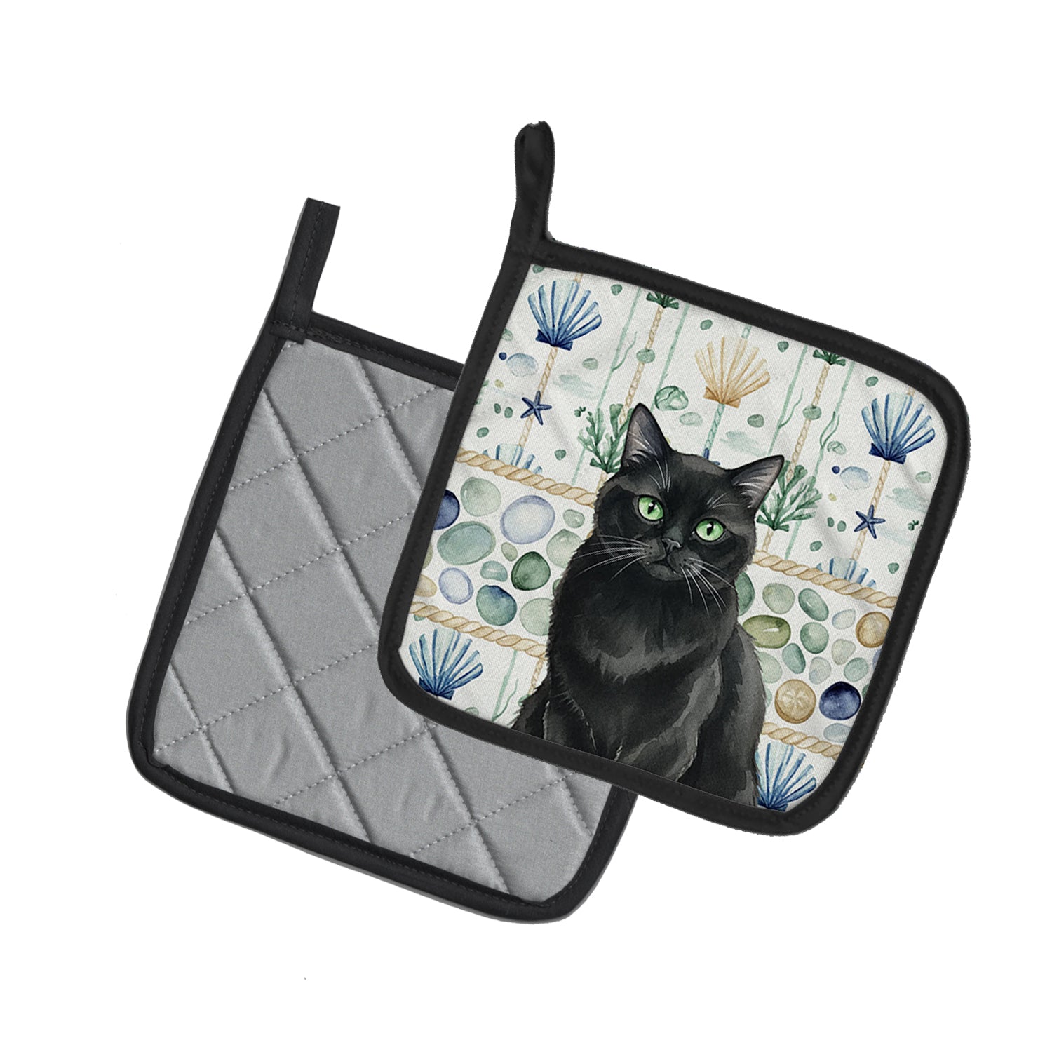 Caroline's Treasures Persian Black Cat Coastal Sea Glass Pair of Pot Holders