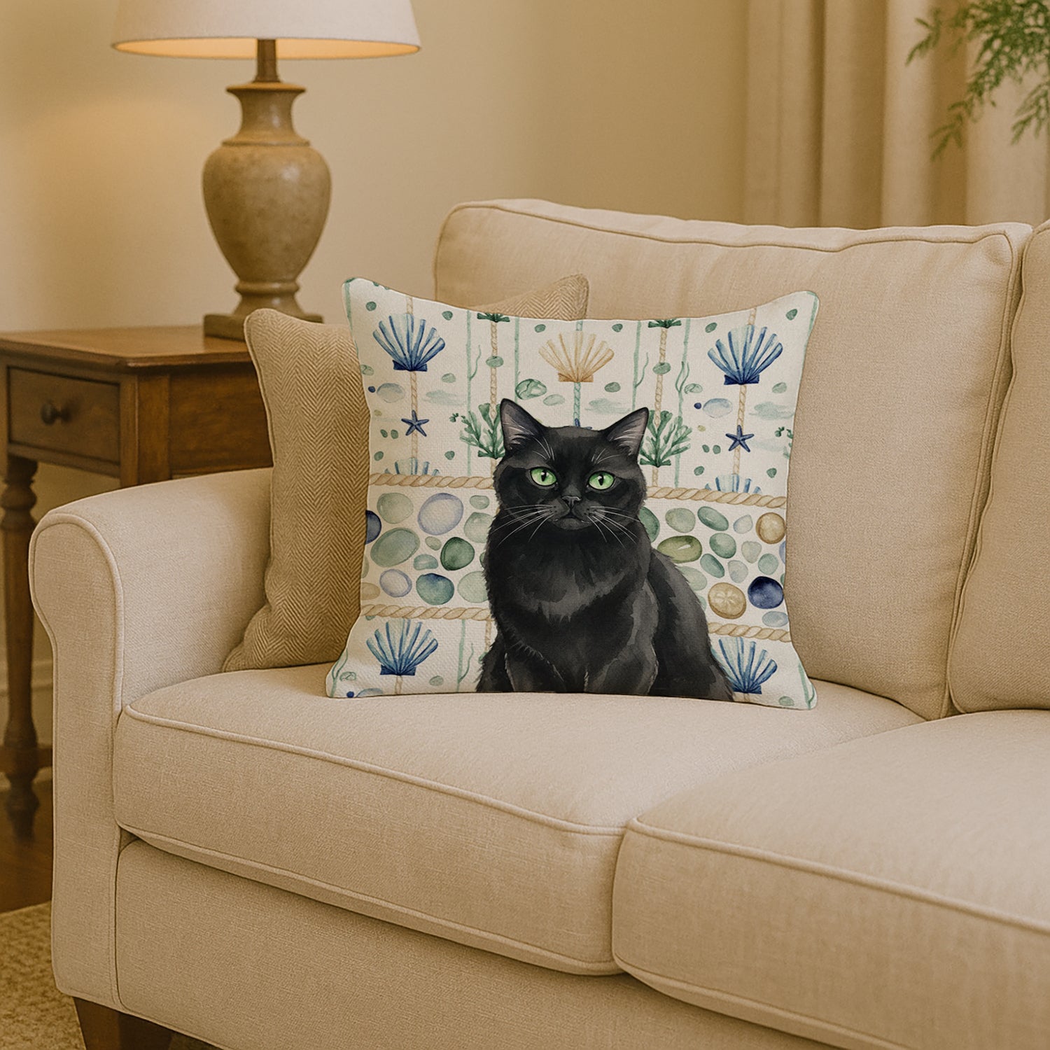 Caroline's Treasures Persian Black Cat Coastal Sea Glass Throw Pillow