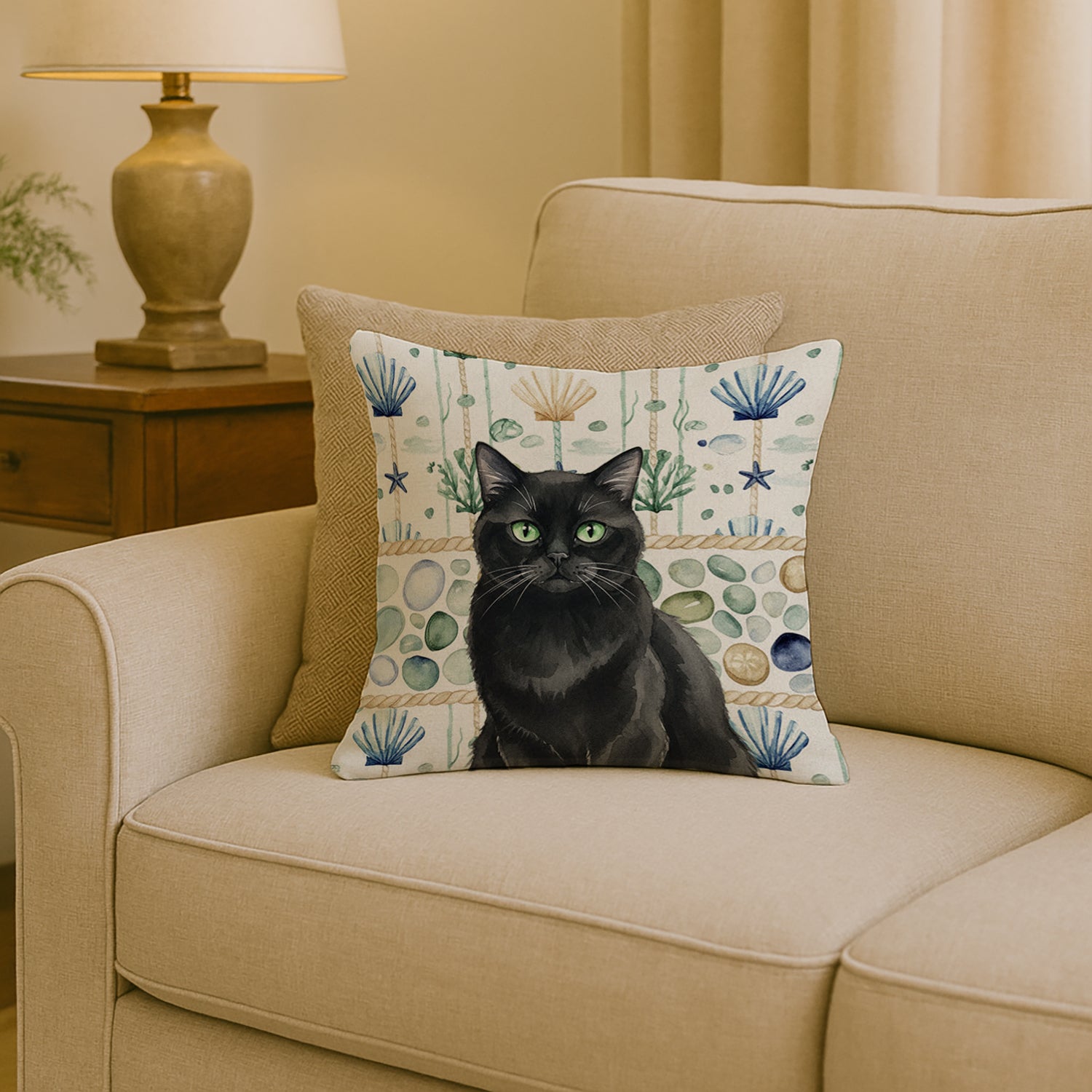 Caroline's Treasures Persian Black Cat Coastal Sea Glass Throw Pillow