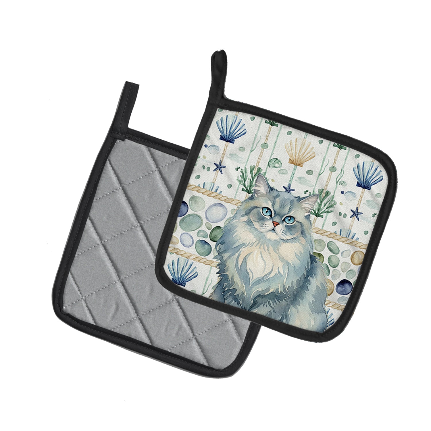 Caroline's Treasures Persian Blue Cat Coastal Sea Glass Pair of Pot Holders