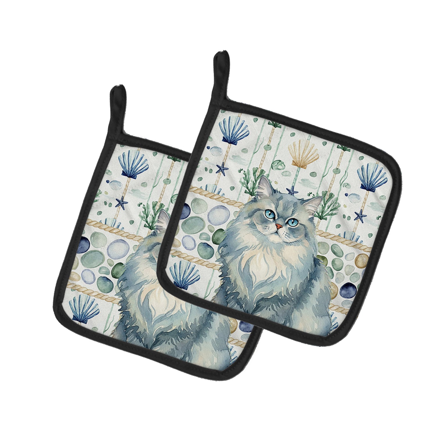 Caroline's Treasures Persian Blue Cat Coastal Sea Glass Pair of Pot Holders