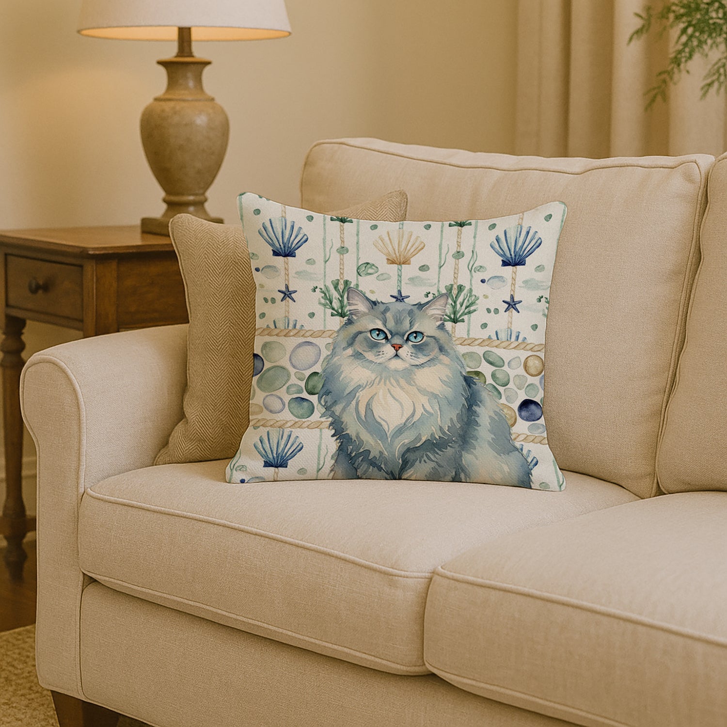 Caroline's Treasures Persian Blue Cat Coastal Sea Glass Throw Pillow