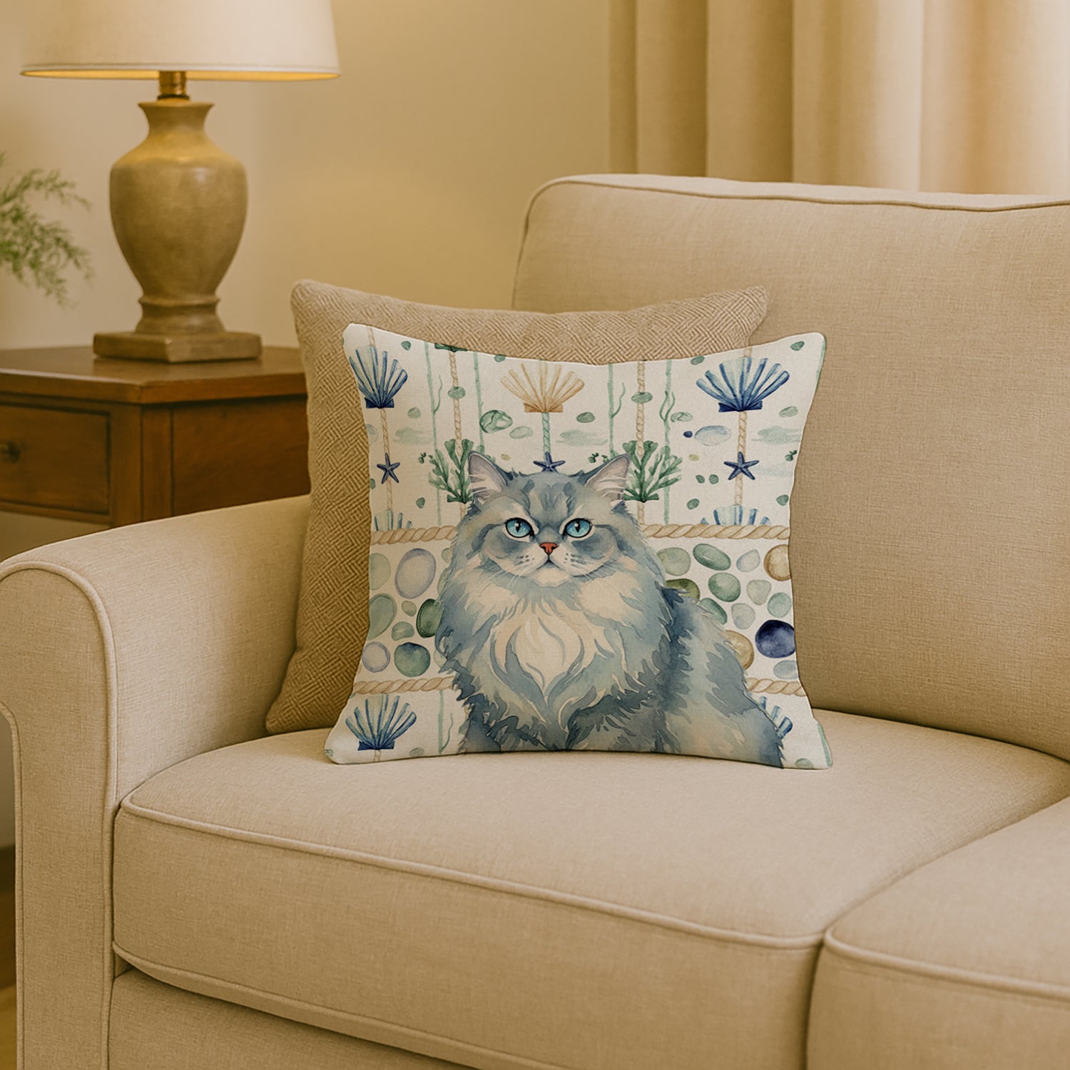 Caroline's Treasures Persian Blue Cat Coastal Sea Glass Throw Pillow