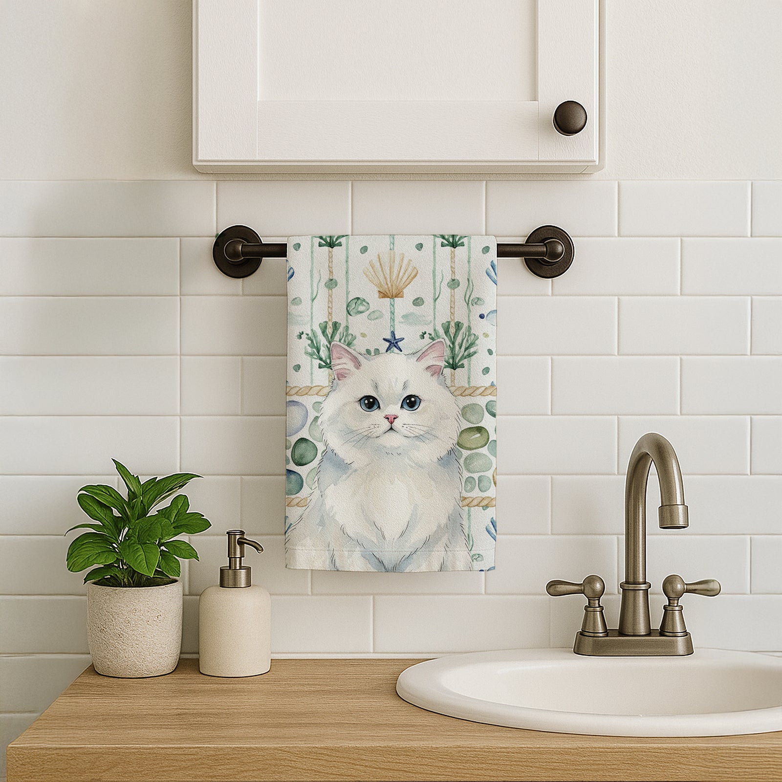 Caroline's Treasures Persian White Cat Coastal Sea Glass Kitchen Towel