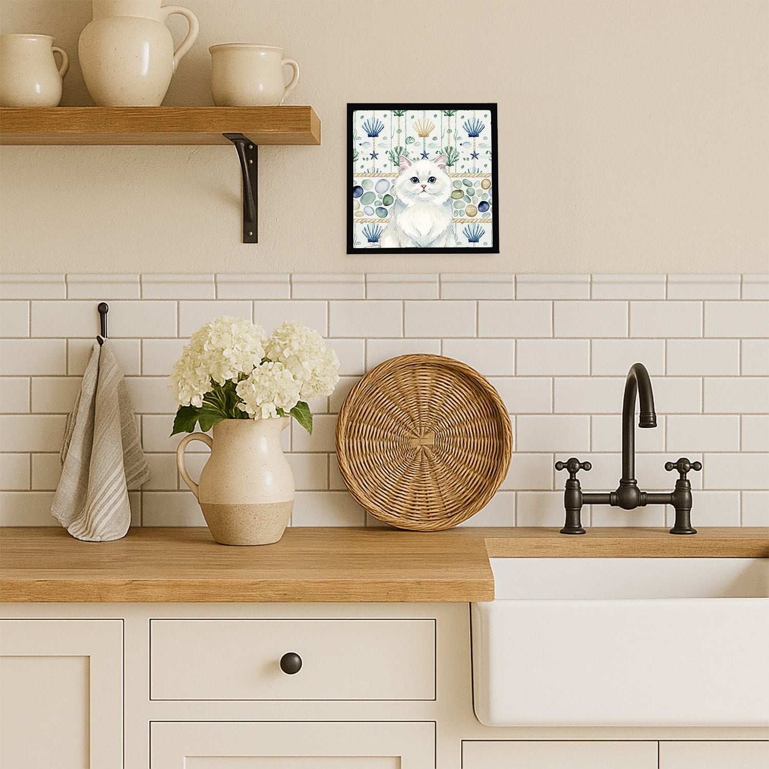 Caroline's Treasures Persian White Cat Coastal Sea Glass Framed Metal Print