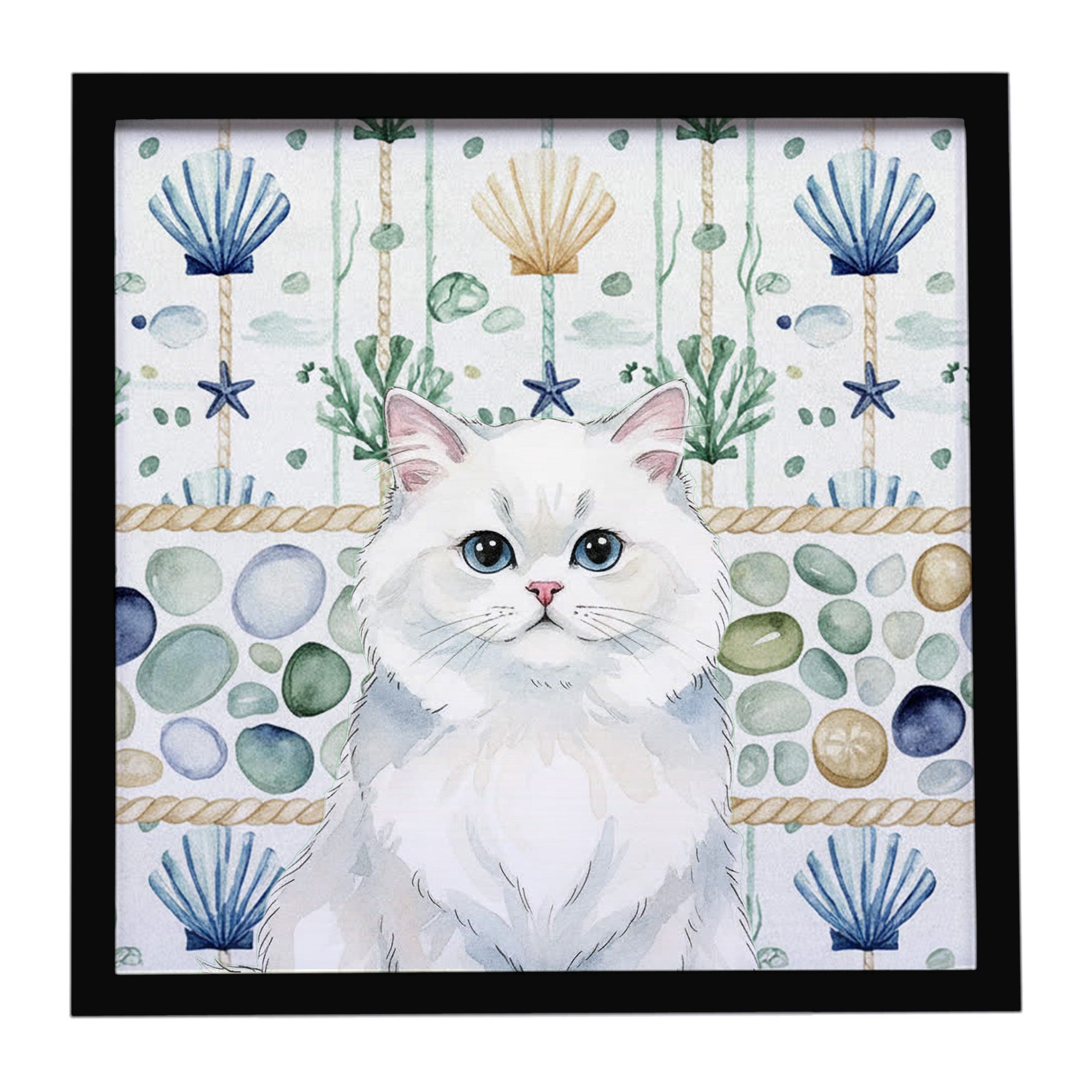 Caroline's Treasures Persian White Cat Coastal Sea Glass Framed Metal Print