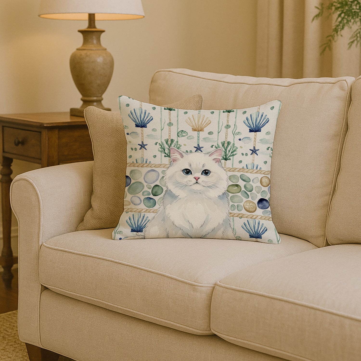Caroline's Treasures Persian White Cat Coastal Sea Glass Throw Pillow