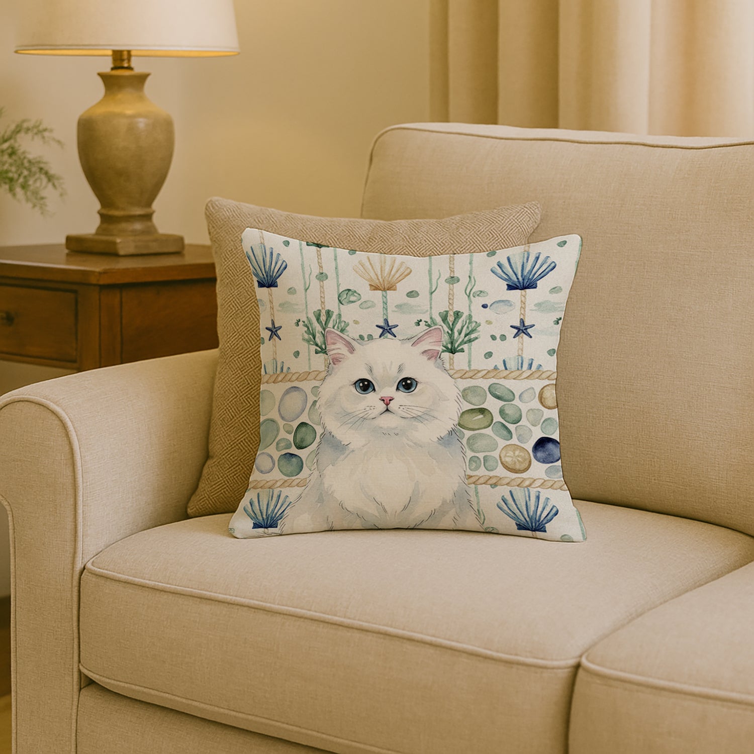 Caroline's Treasures Persian White Cat Coastal Sea Glass Throw Pillow