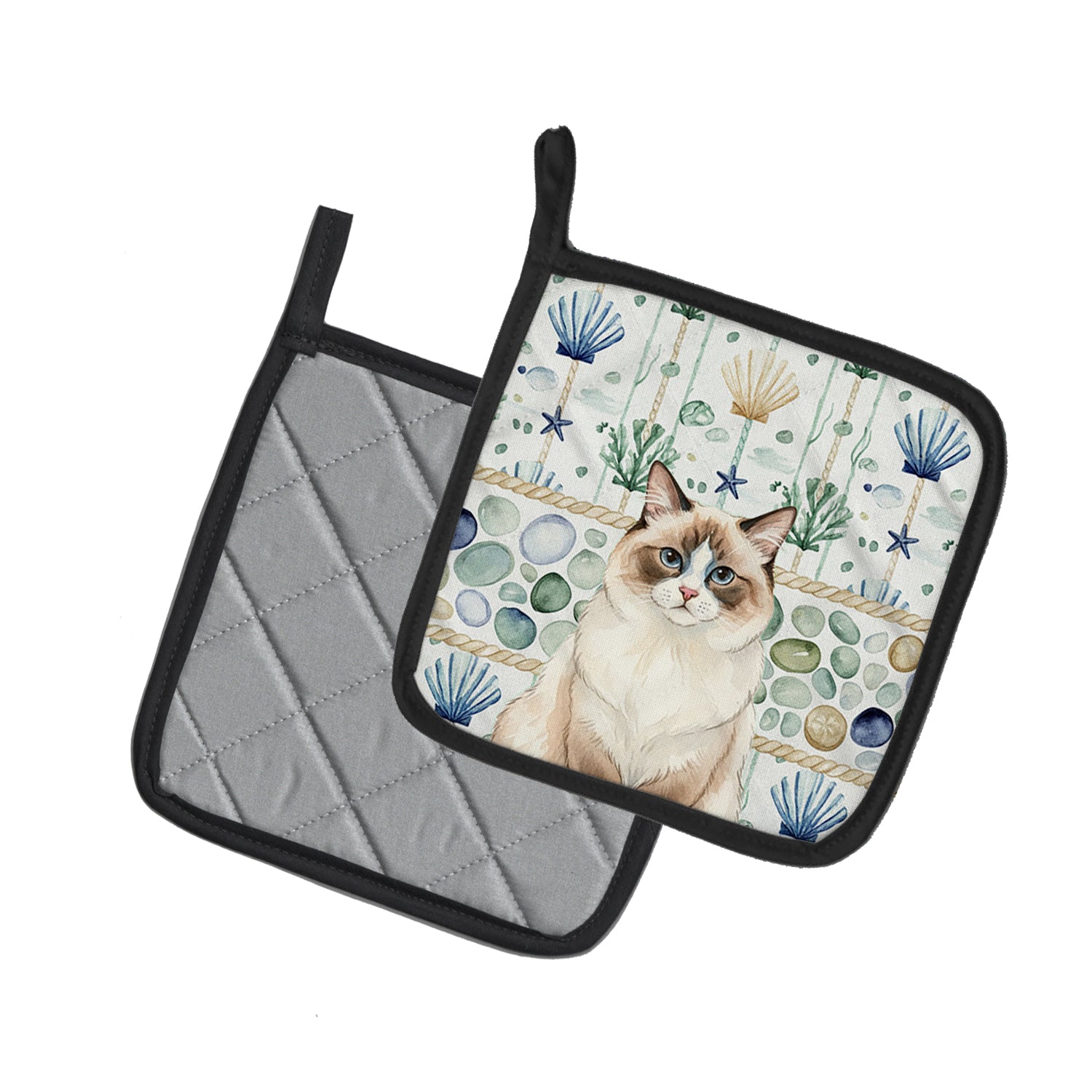 Caroline's Treasures Ragdoll Bicolor Cat Coastal Sea Glass Pair of Pot Holders
