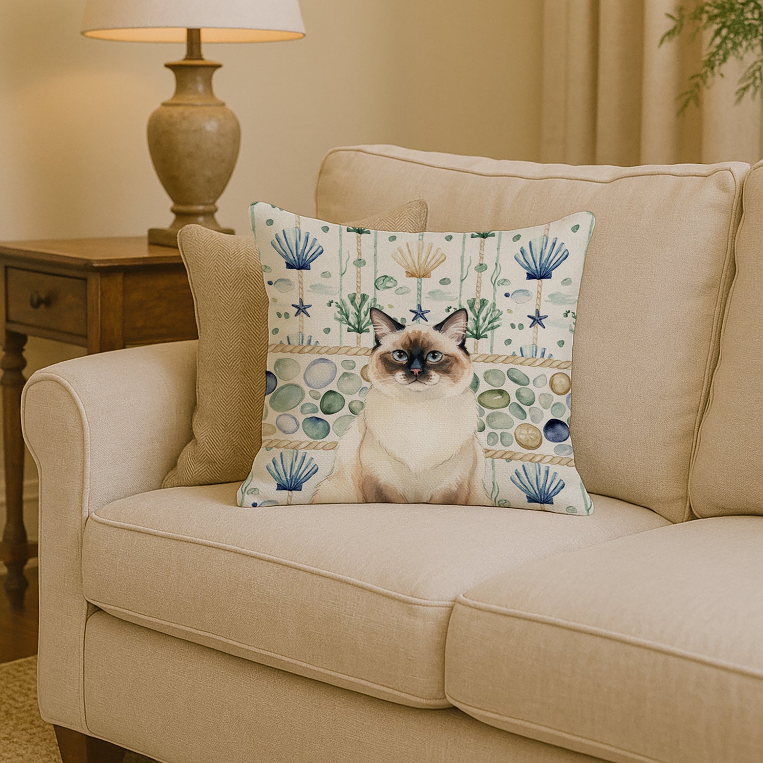 Caroline's Treasures Ragdoll Seal Point Cat Coastal Sea Glass Throw Pillow