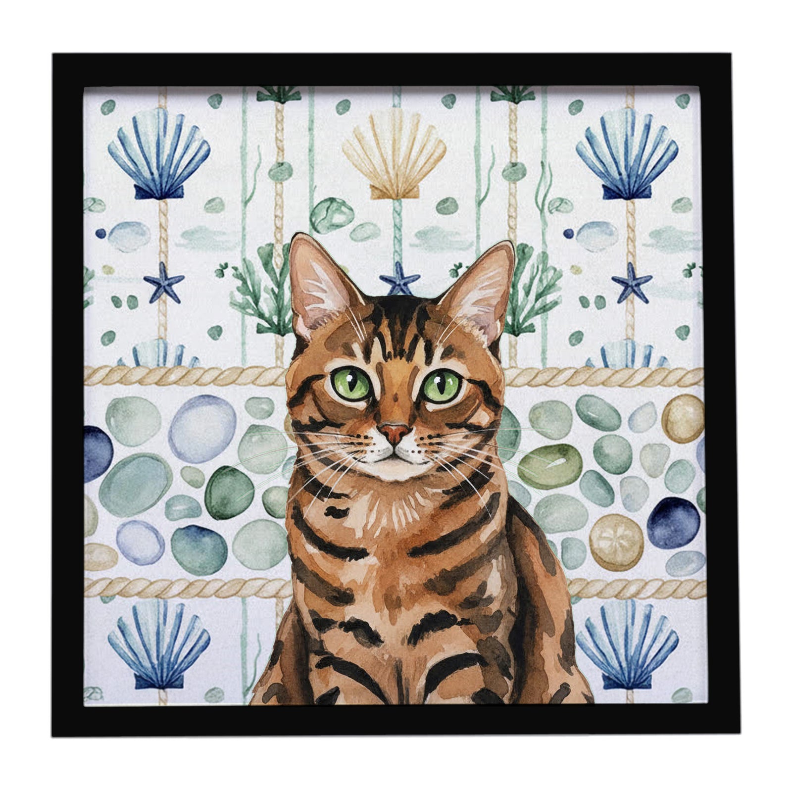 Caroline's Treasures Spotted Tabby Brown Cat Coastal Sea Glass Framed Metal Print