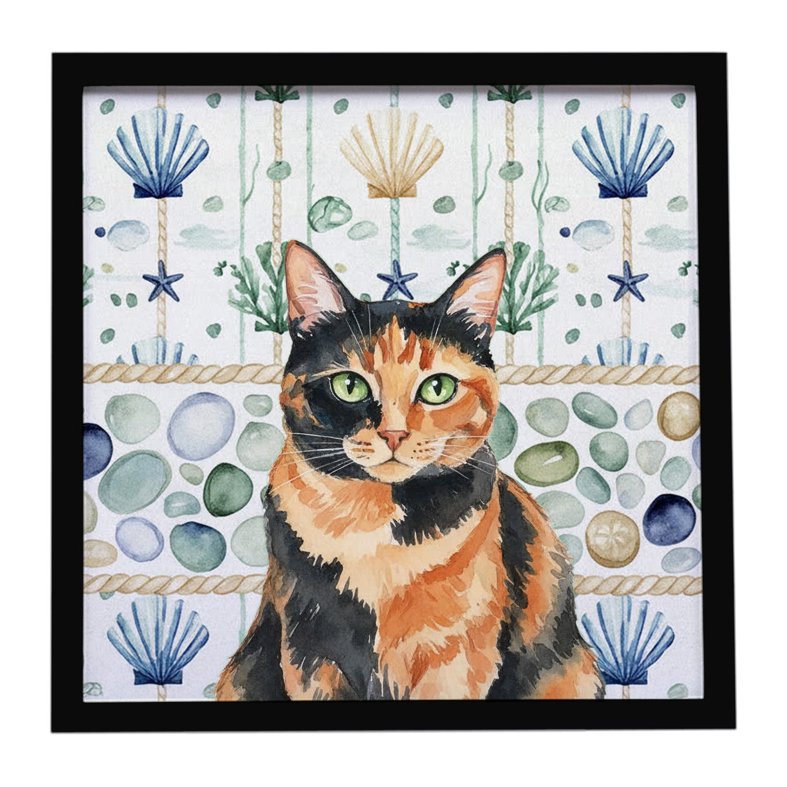 Caroline's Treasures Tortoiseshell Cat Coastal Sea Glass Framed Metal Print