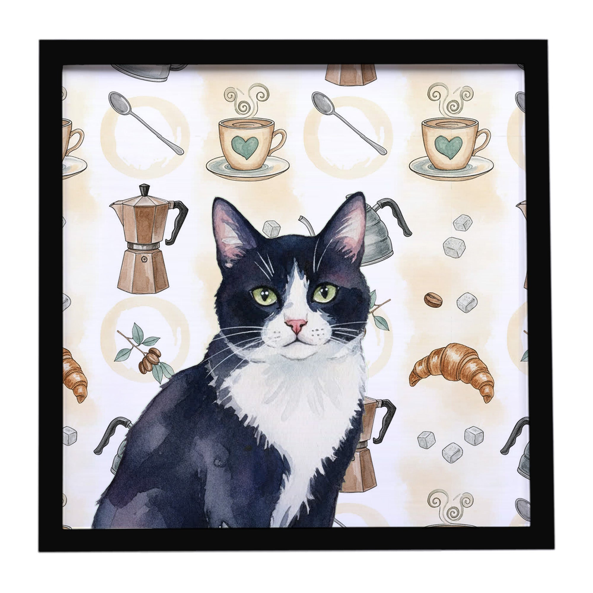 Caroline's Treasures Black and White Tuxedo Cat Coffee Time Framed Metal Print