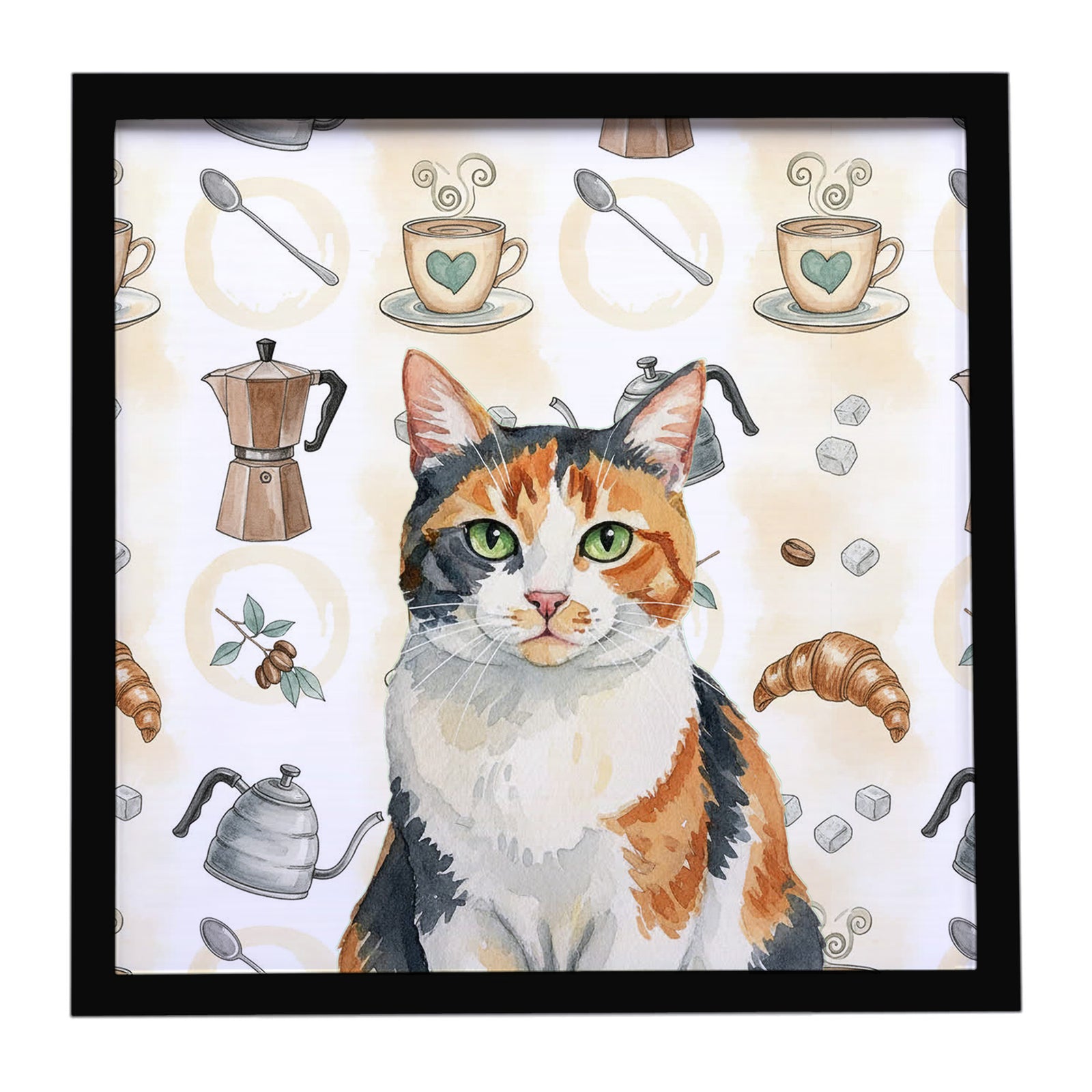 Caroline's Treasures Calico Cat Coffee Time Framed Metal Print