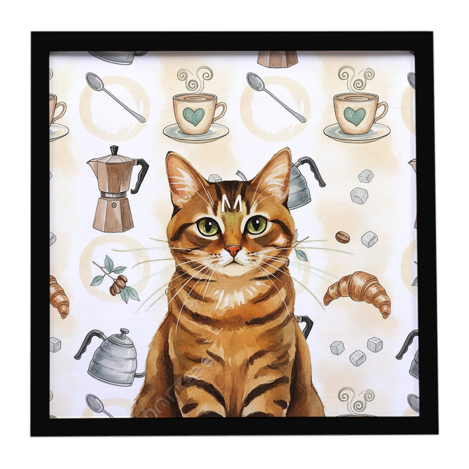 Caroline's Treasures Classic Tabby Brown Cat Coffee Time Framed Metal Print