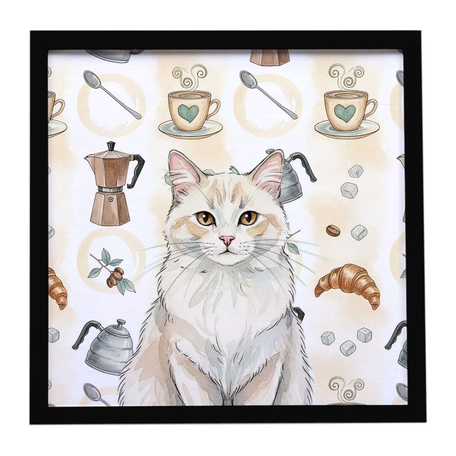 Caroline's Treasures Cream and White Cat Coffee Time Framed Metal Print